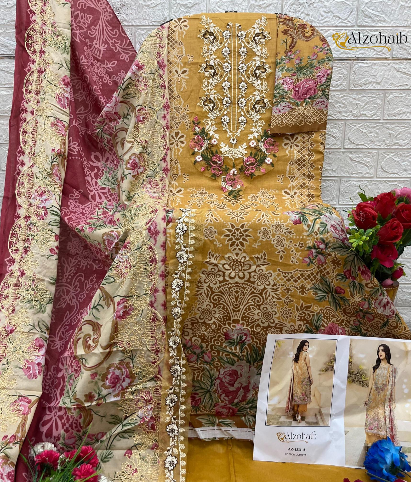 Alzohaib Az 1331 A And B catalog Cotton Dupatta pakistani replica suits wholesale surat