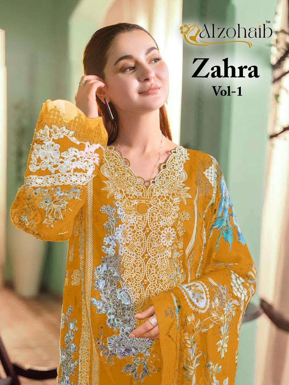 Alzohaib Az Zahra Vol 1 catalog Chiffon Dupatta yellowist pakistani suits wholesaler delhi india