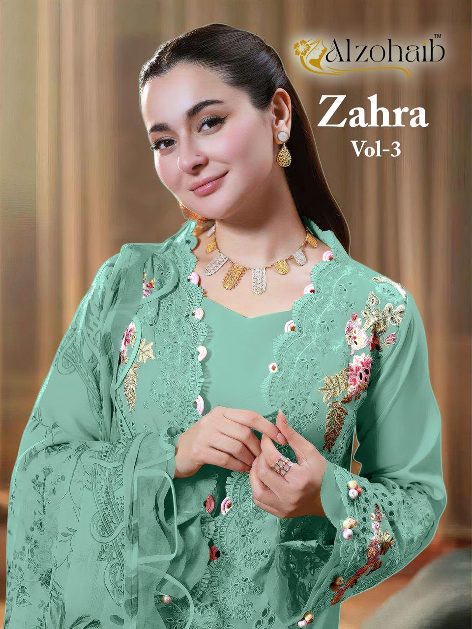 Alzohaib Az Zahra Vol 3 catalog Chiffon Dupatta wholesale pakistani suits dwarka delhi