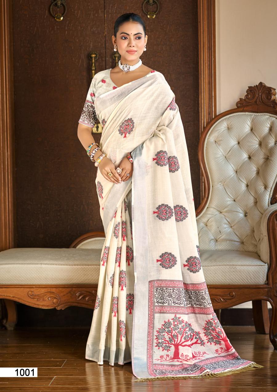Bunawat Bindiya (Sangam Prints)  Linen Woven Work Traditional Saree