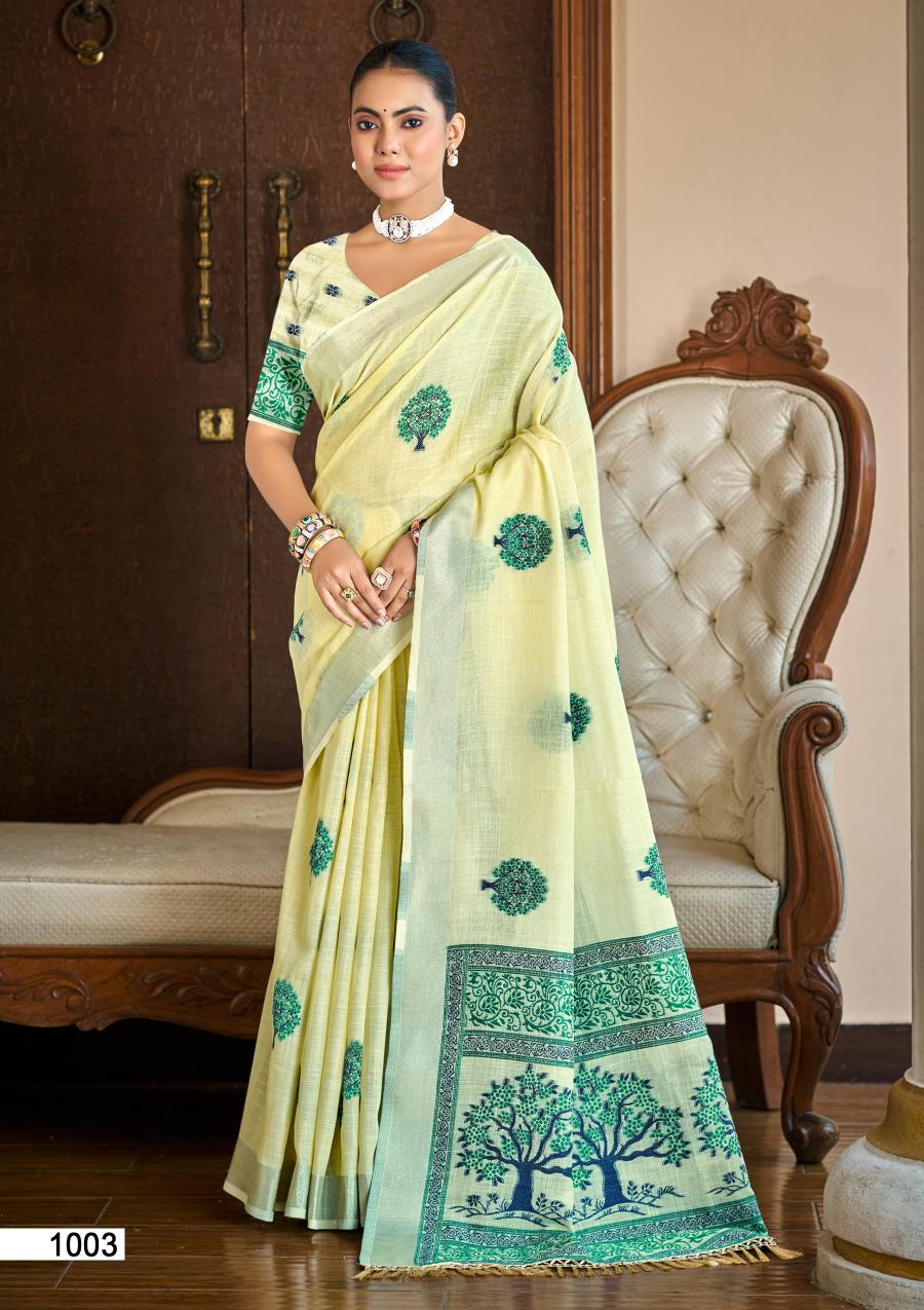Bunawat Bindiya (Sangam Prints)  Linen Woven Work Traditional Saree