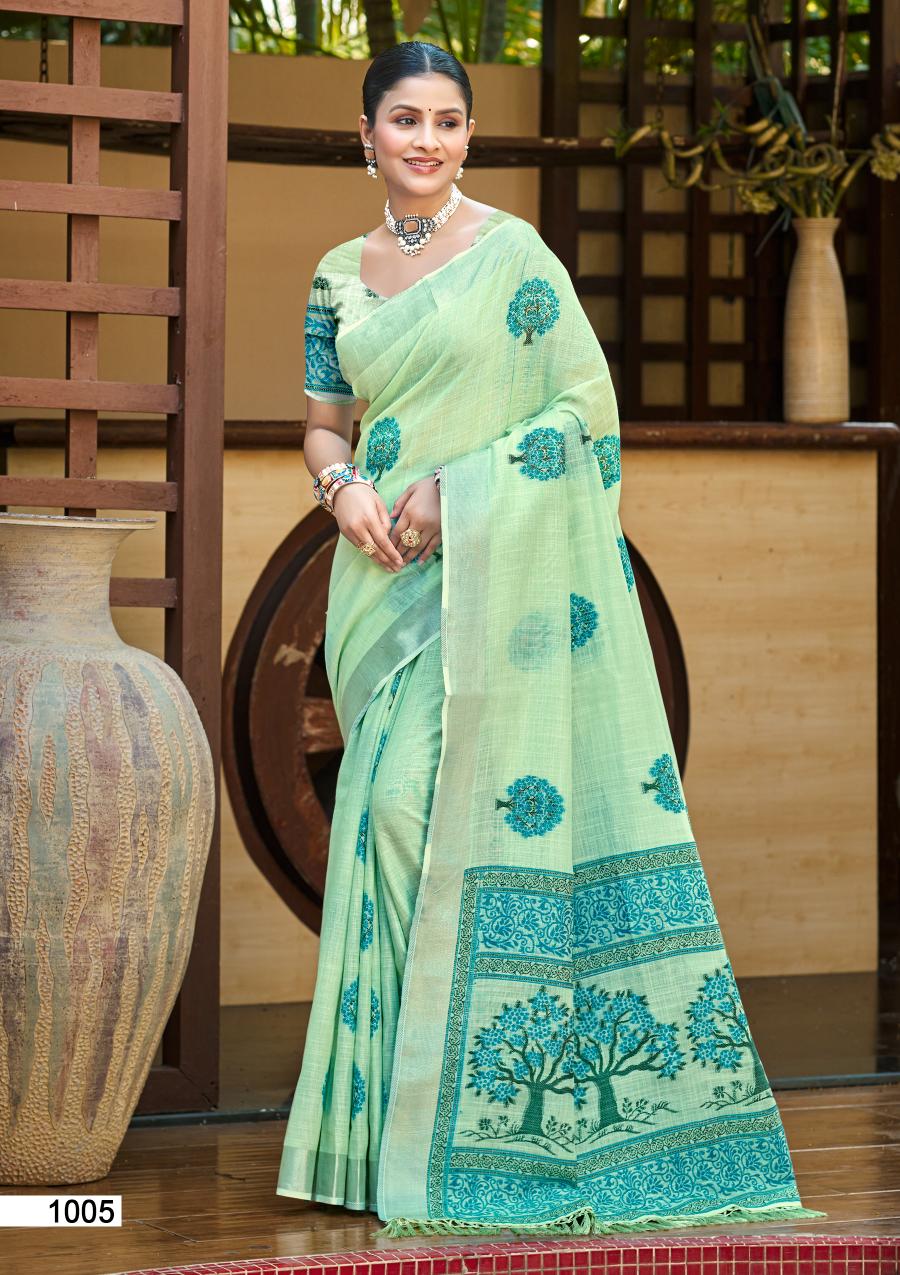 Bunawat Bindiya (Sangam Prints)  Linen Woven Work Traditional Saree