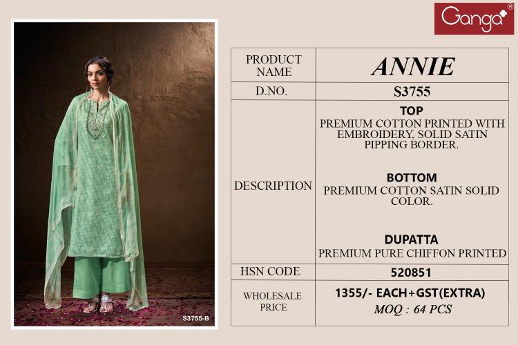 Ganga Annie 3755 catalog salwar kameez surat wholesale