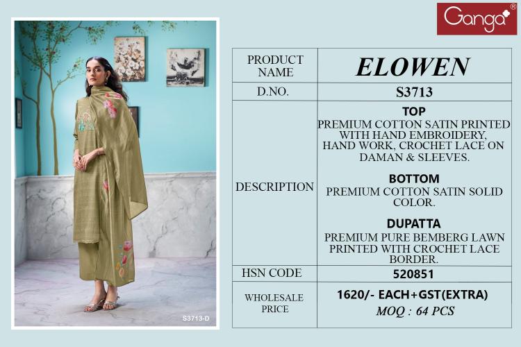 Ganga Elowen 3713 catalog salwar kameez wholesaler in surat