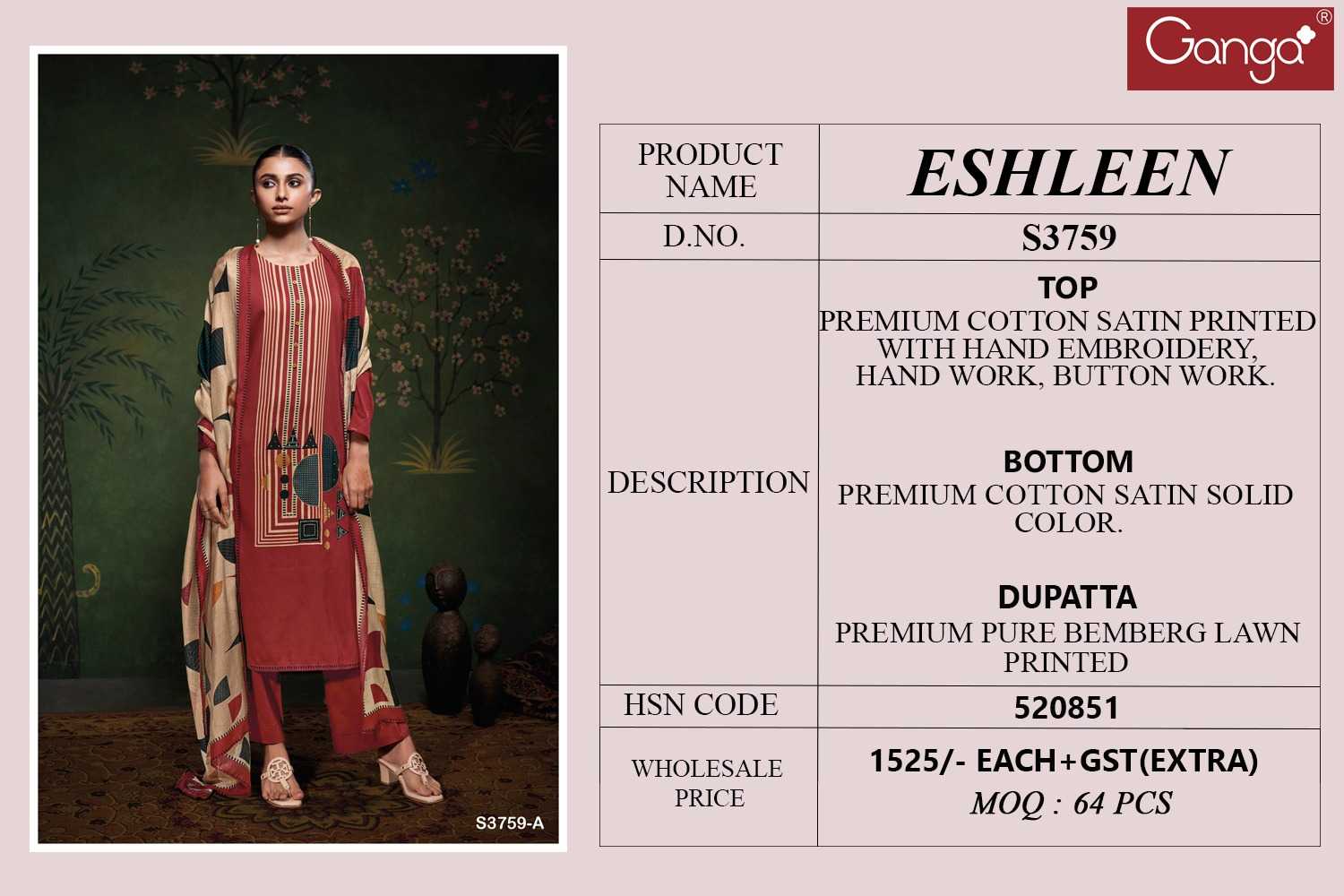 Ganga Eshleen 3759 catalog indian salwar kameez wholesaler