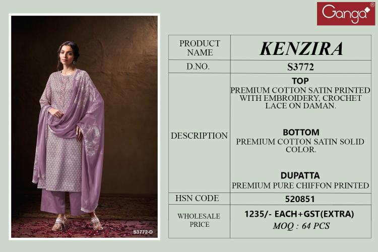 Ganga Kenzira 3772 catalog unstitched salwar kameez wholesale pakistan