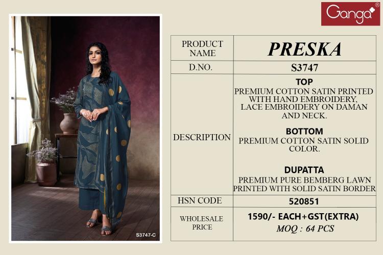 Ganga Preska 3747 catalog designer salwar kameez wholesale in chennai