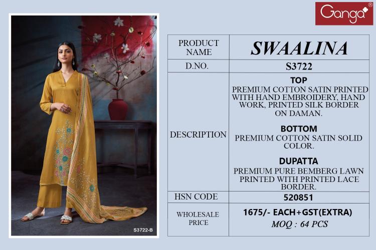 Ganga Swaalina 3722 catalog unstitched salwar kameez wholesale market in delhi