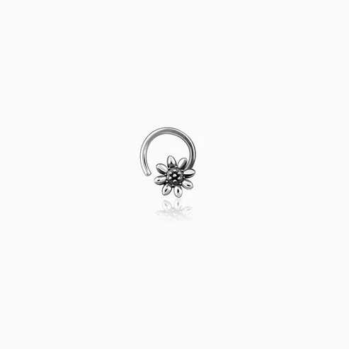 Nitya Oxidised Silver Flower Blossom Nose Pin