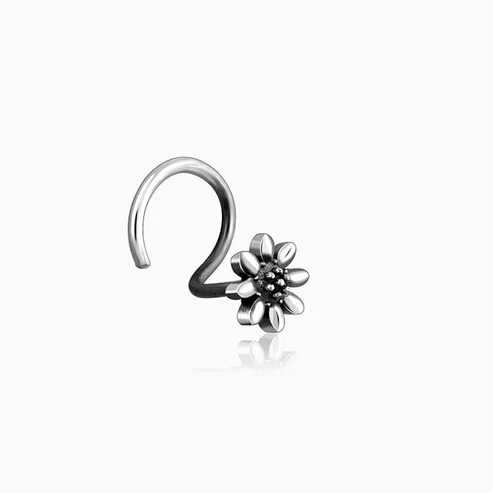 Nitya Oxidised Silver Flower Blossom Nose Pin