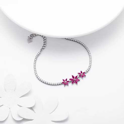 Nitya Silver Pink Floral Tennis Bracelet