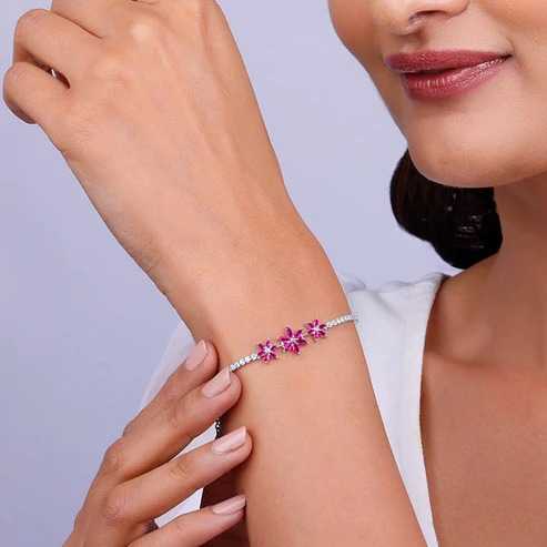 Nitya Silver Pink Floral Tennis Bracelet