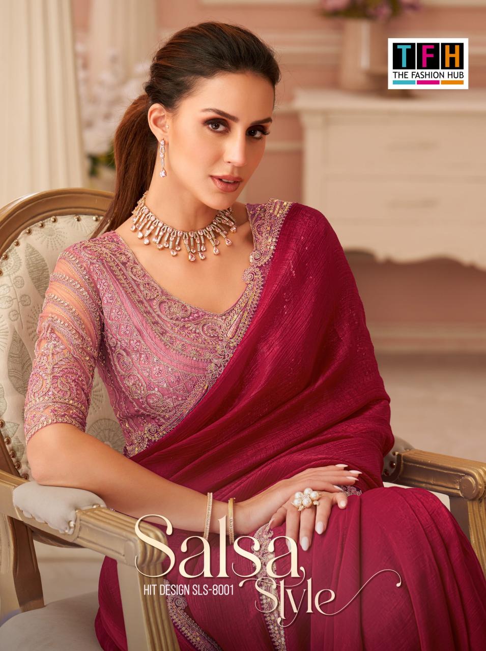 Tfh Salsa Style 8001 & 8002 Hit Colour catalog fancy exclusive saree supplier in surat