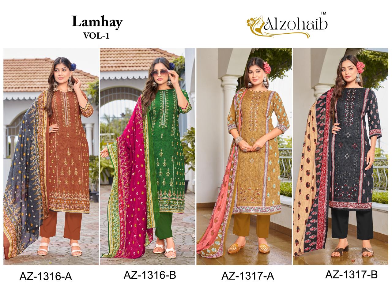 Alzohaib Lamhay Vol 1 catalog Chiffon Dupatta pakistani suits online india wholesale