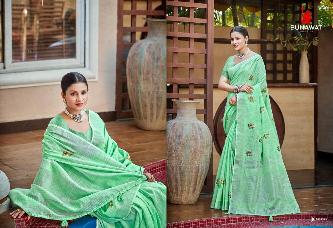BUNAWAT - Galaxy Sangam Prints Linen Woven Work Traditional Saree