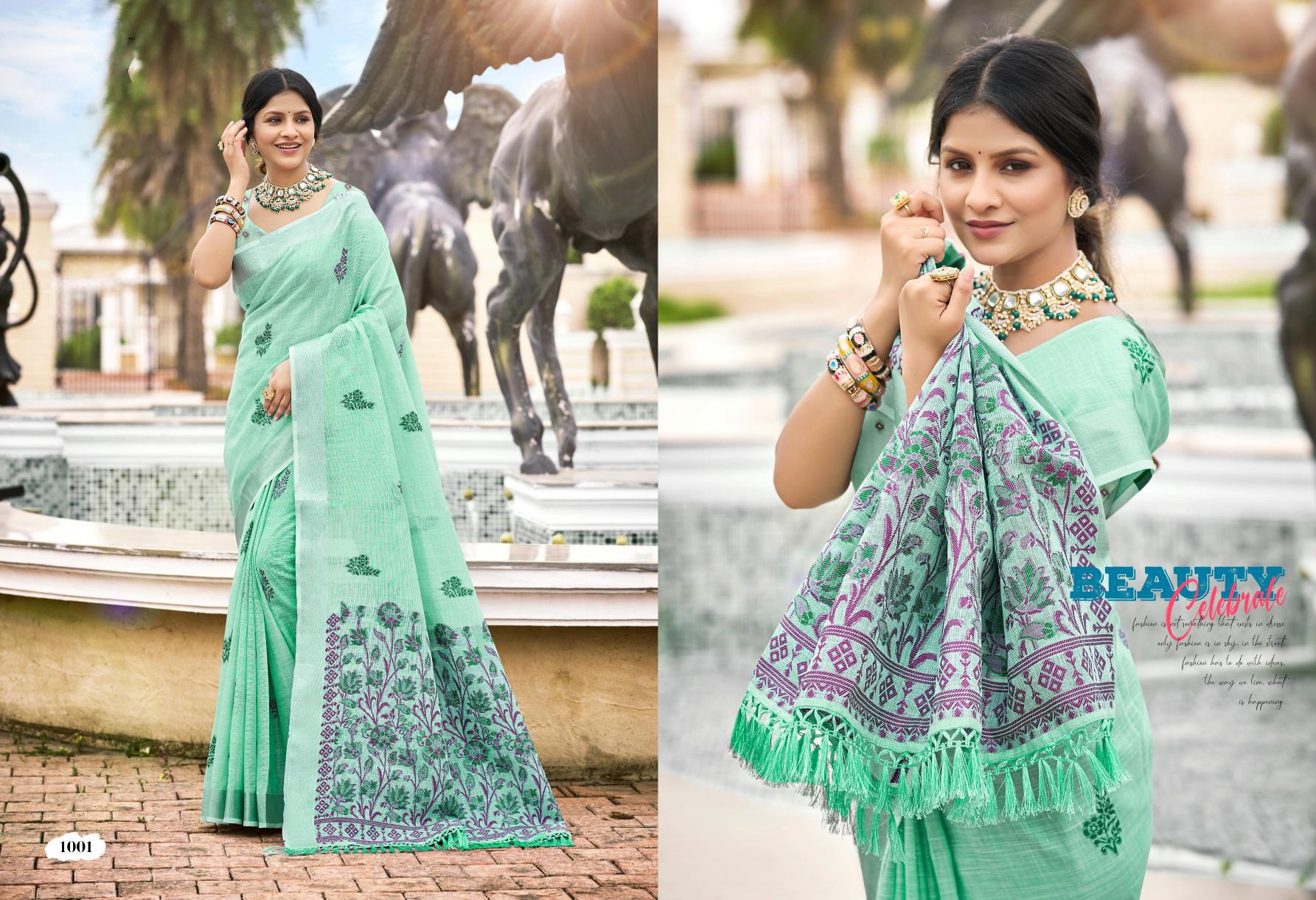 BUNAWAT - Lovely Lady Sangam Prints  LILEN Woven Work Traditional Saree