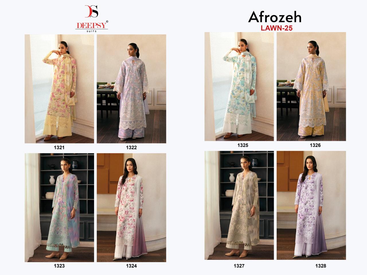 Deepsy Afrozeh Chikankari Lawn 25 catalog Chiffon Dupatta wholesale pakistani suits delhi