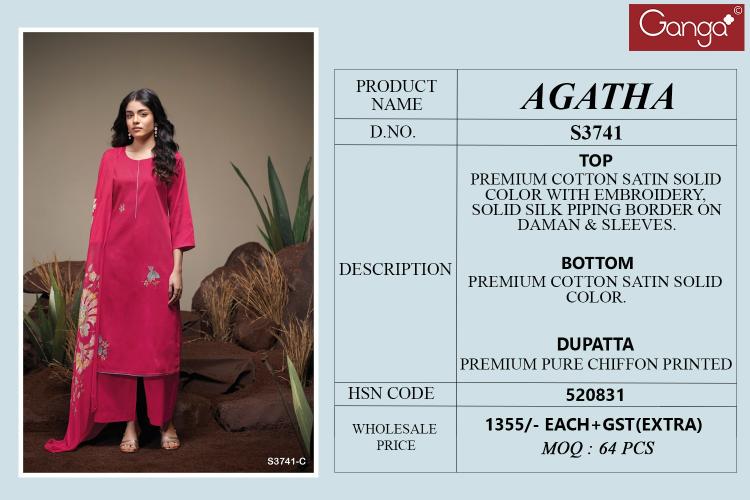 Ganga Agatha 3741 catalog wholesale unstitched salwar kameez suppliers