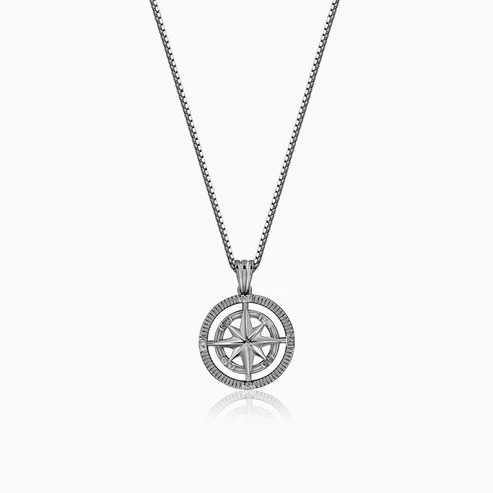 Nitya Black Rhodium Vintage Compass Pendant With Box Chain For Him