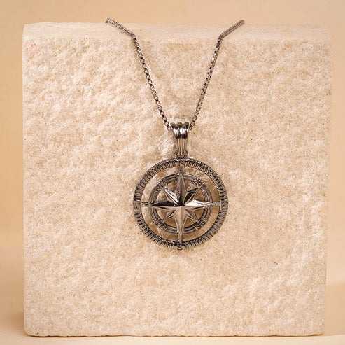 Nitya Black Rhodium Vintage Compass Pendant With Box Chain For Him