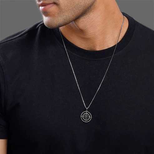 Nitya Black Rhodium Vintage Compass Pendant With Box Chain For Him