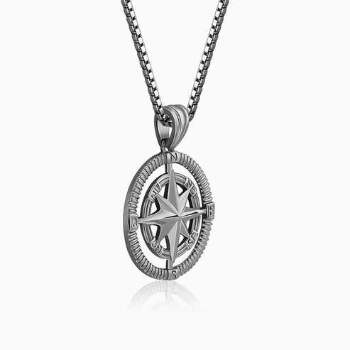 Nitya Black Rhodium Vintage Compass Pendant With Box Chain For Him