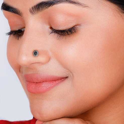 Nitya Oxidised Black Oval Stone Nose Pin