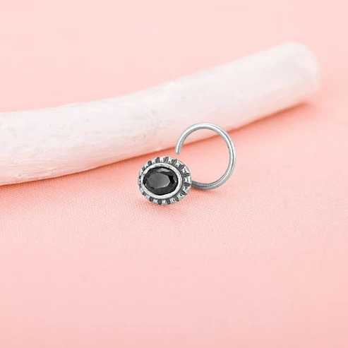 Nitya Oxidised Black Oval Stone Nose Pin
