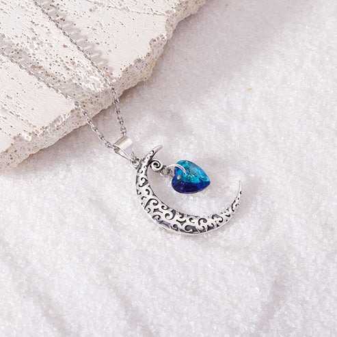 Nitya Oxidised Silver Moon Heart Pendant with Link Chain
