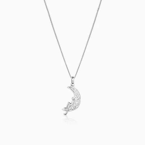 Nitya Oxidised Silver Unwind Moon Pendant with Box Chain