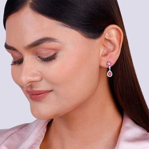 Nitya Silver Pink Flower Mini Drop Earrings 