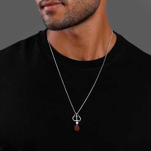 Nitya Silver Trishul And Rudraksha Pendant With Box Chain for Him