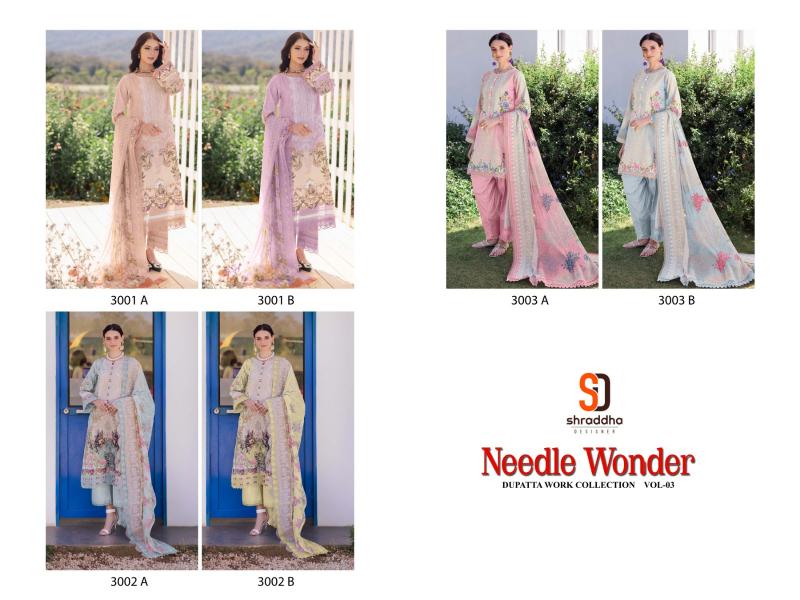 Shraddha Needle Wonder vol 3 d 3001 to 3003 AB catalog Cotton Dupatta pakistani suits online india wholesale