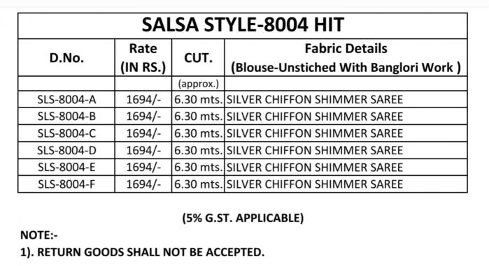 TFH Salsa Style 8004 Hit Colour catalog surat cheap sarees rate