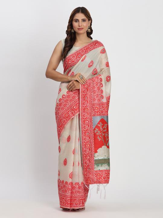 Bansuri by astita fancy designer linen Cotton fabric saree wholesale with latkan 