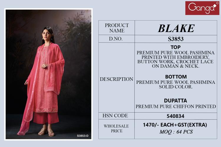 Ganga Blake 3853 catalog online wholesale pakistani wedding salwar kameez