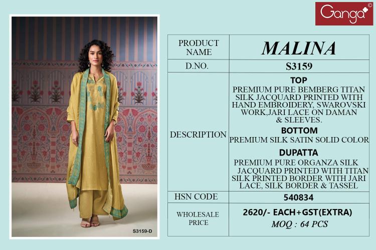Ganga Malina 3159 catalog salwar kameez materials wholesale bangalore