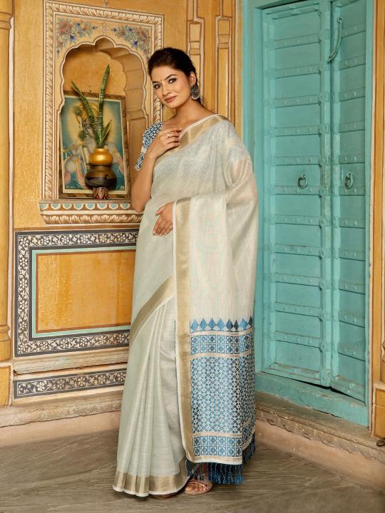Henoi Threads by Astita fancy designer linen  fabric saree with threads work