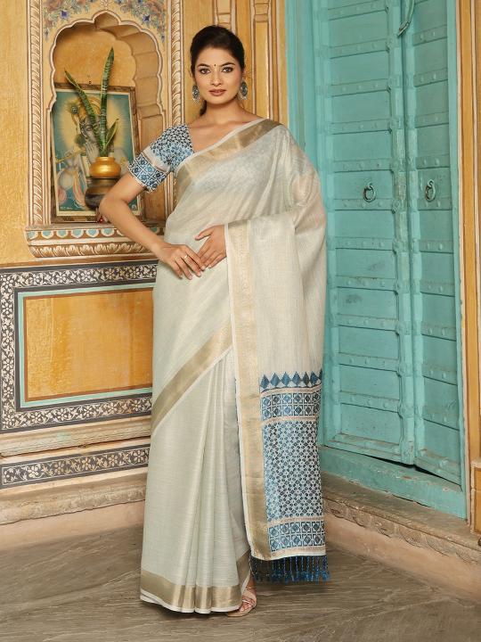 Henoi Threads by Astita fancy designer linen  fabric saree with threads work
