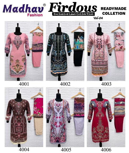 Madhav Firdous Vol-4 – Karachi Readymade Kurti Pant With Dupatta - Wholesale Catalog