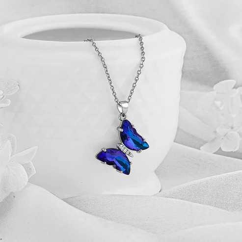 Nitya Silver Midnight Blue Butterfly Pendant With Link Chain