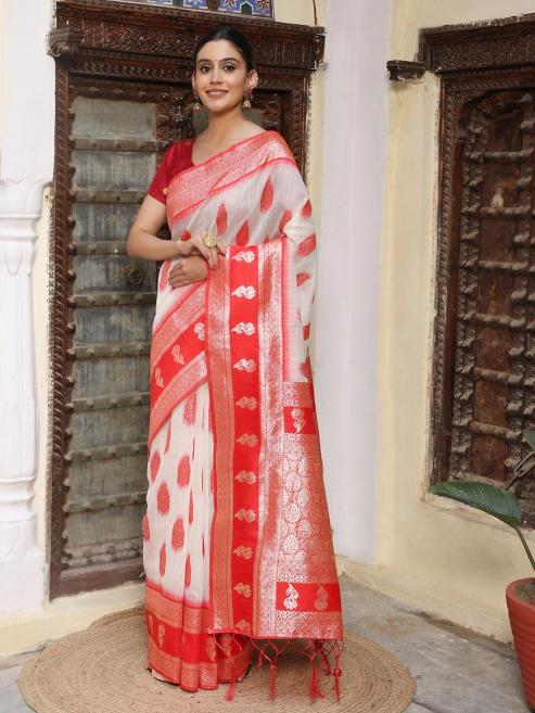 SITA VOL 2 by Astita fancy designer linen Cotton fabric saree with Red and white combination wholesale saree with latkan 