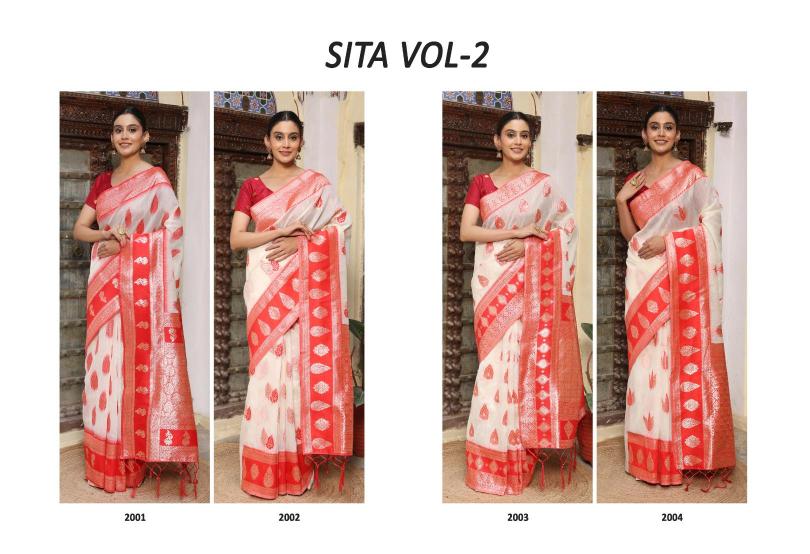 SITA VOL 2 by Astita fancy designer linen Cotton fabric saree with Red and white combination wholesale saree with latkan 