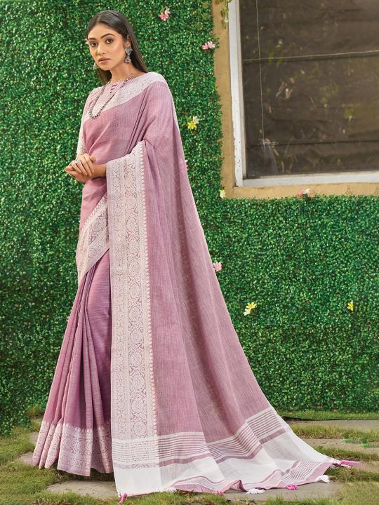 Vaibhav by astita fancy designer linen fabric saree with Lakhnavi Bordar wholesale saree with latkan 