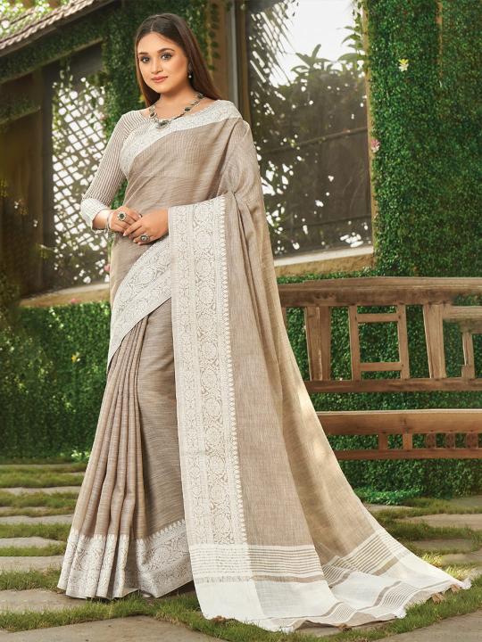 Vaibhav by astita fancy designer linen fabric saree with Lakhnavi Bordar wholesale saree with latkan 