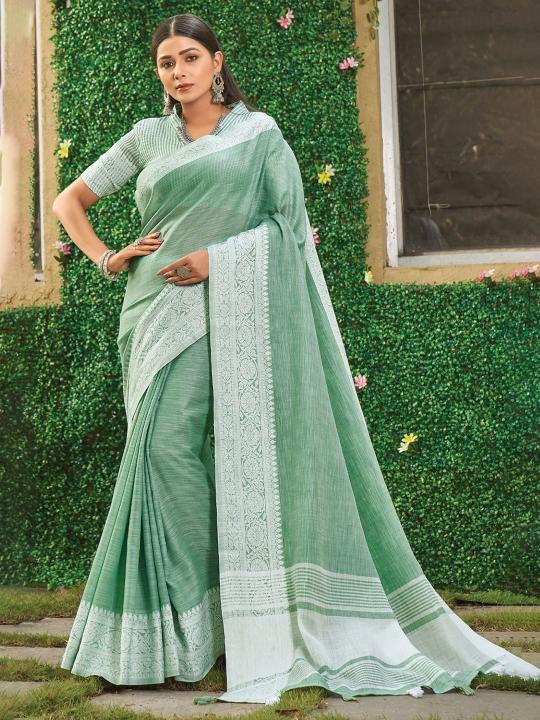 Vaibhav by astita fancy designer linen fabric saree with Lakhnavi Bordar wholesale saree with latkan 