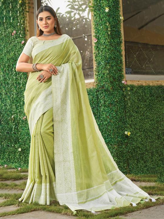 Vaibhav by astita fancy designer linen fabric saree with Lakhnavi Bordar wholesale saree with latkan 