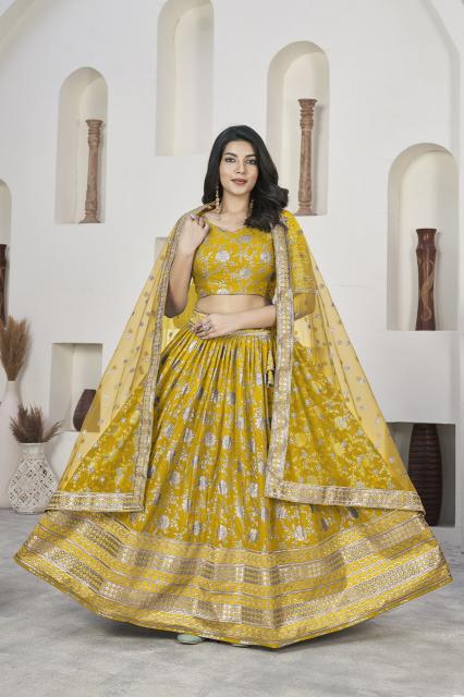 Aawiya Aalisha vol 1 Yellow 1018 catalog buy brocade lehenga online india