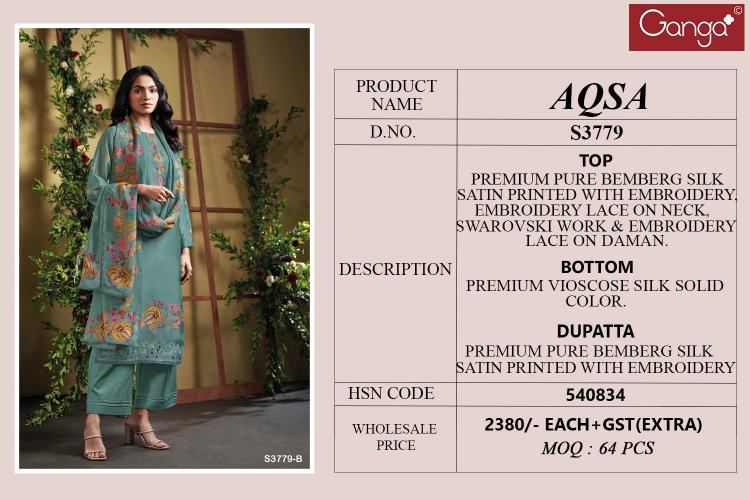 Ganga Aqsa 3779 catalog cheap salwar kameez wholesale