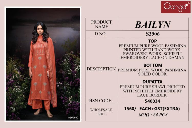 Ganga Bailyn 3906 catalog wholesale salwar kameez fabric